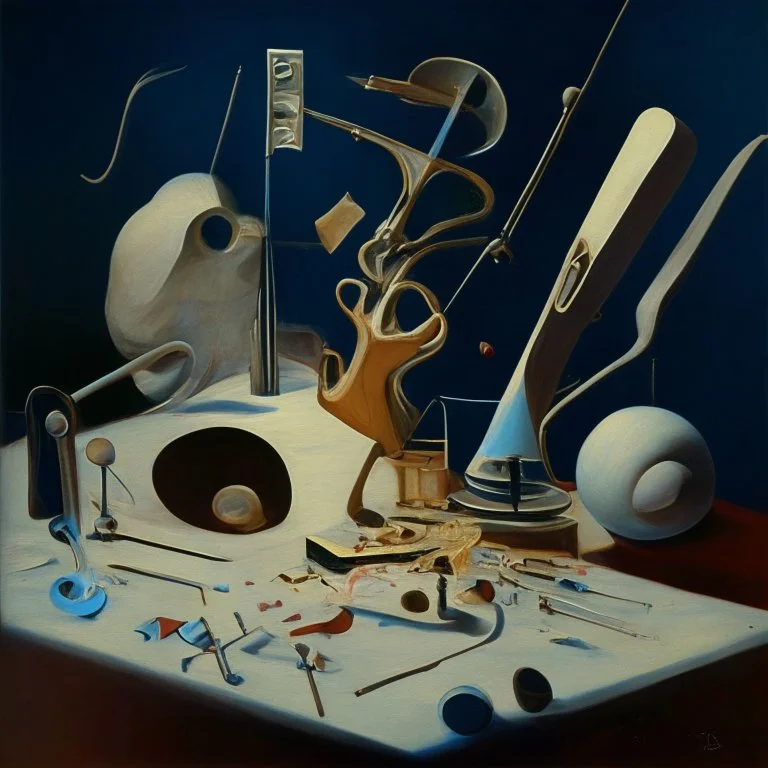 Abstract painting formed by a mix of human flesh-like surgical instruments and universe-like musical instruments,neuralink,minimalism,Painting By Adrian Ghenie, Rene Magritte, Salvador Dali, Lucian Freud