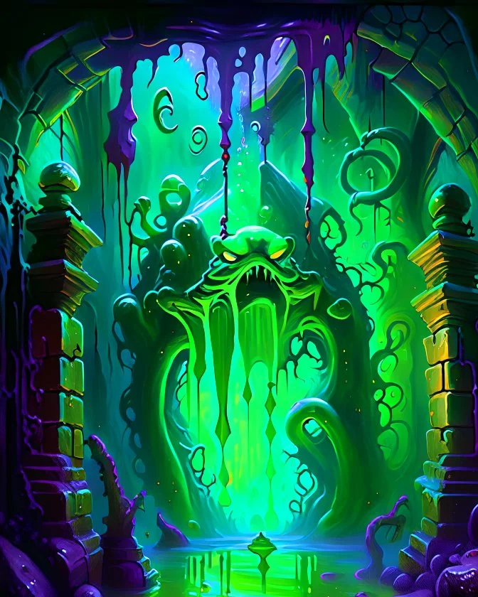 a slimy dripping gelatinous cube in vast cavern room with iron gates art painterly