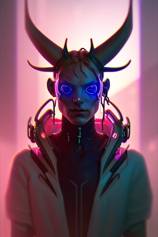 Cyberpunk Satyr, vibrant color scheme, highly detailed, sharp, romanticism, cinematic, concept art, 4k, 8k, trending on art station, purple and blue tones