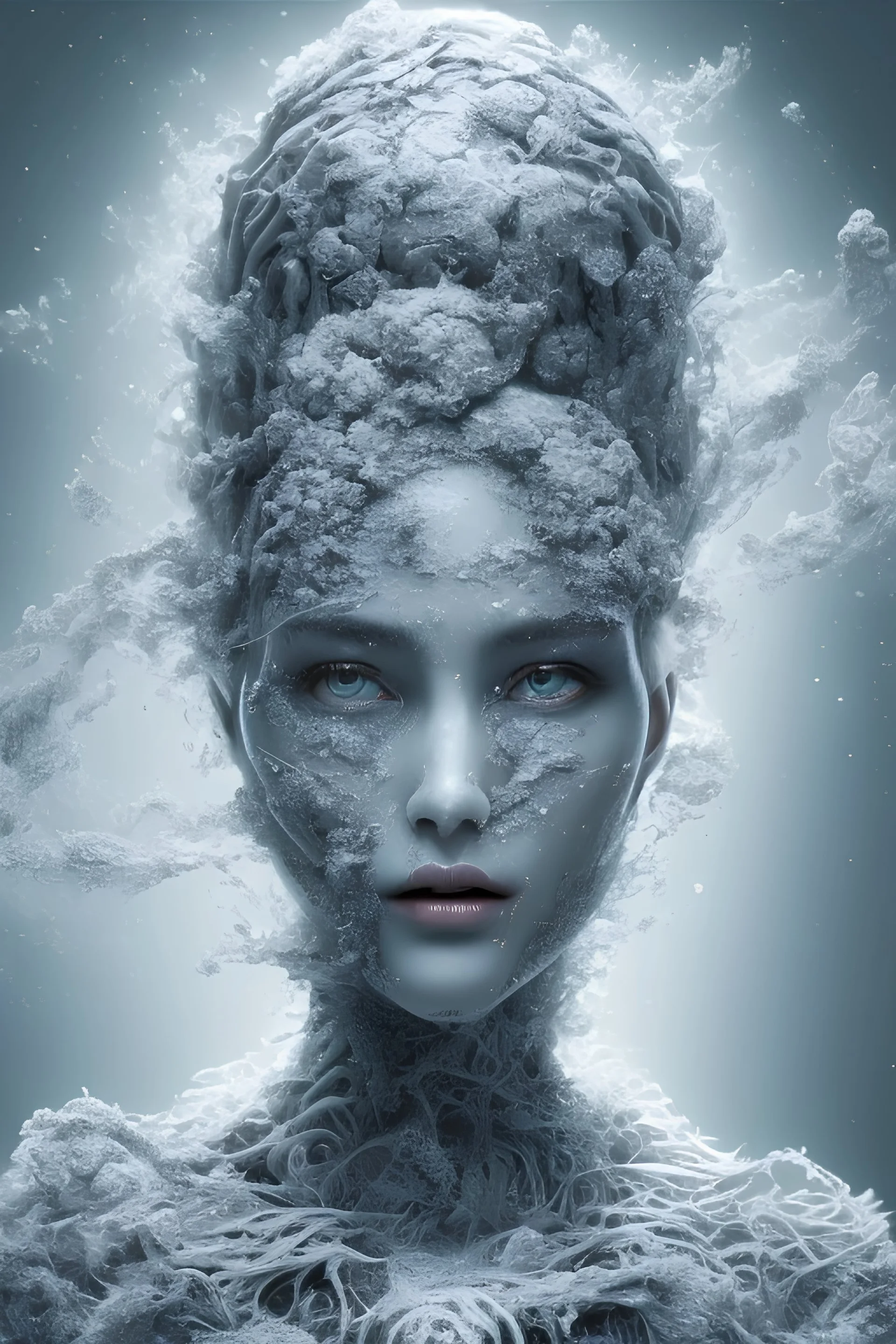 clouds of gray fog as woman's face, dissolving, disintegrating, wearing blue hijab, fine detail, highly intricate, wearing blue hijab, modern surrealism painting, fog, high-quality, volumetric lighting, 8k, ultrahd, George Grie, Marco Escobedo, Igor Morski,Brian Froud, Howard Lyon, Selina French,