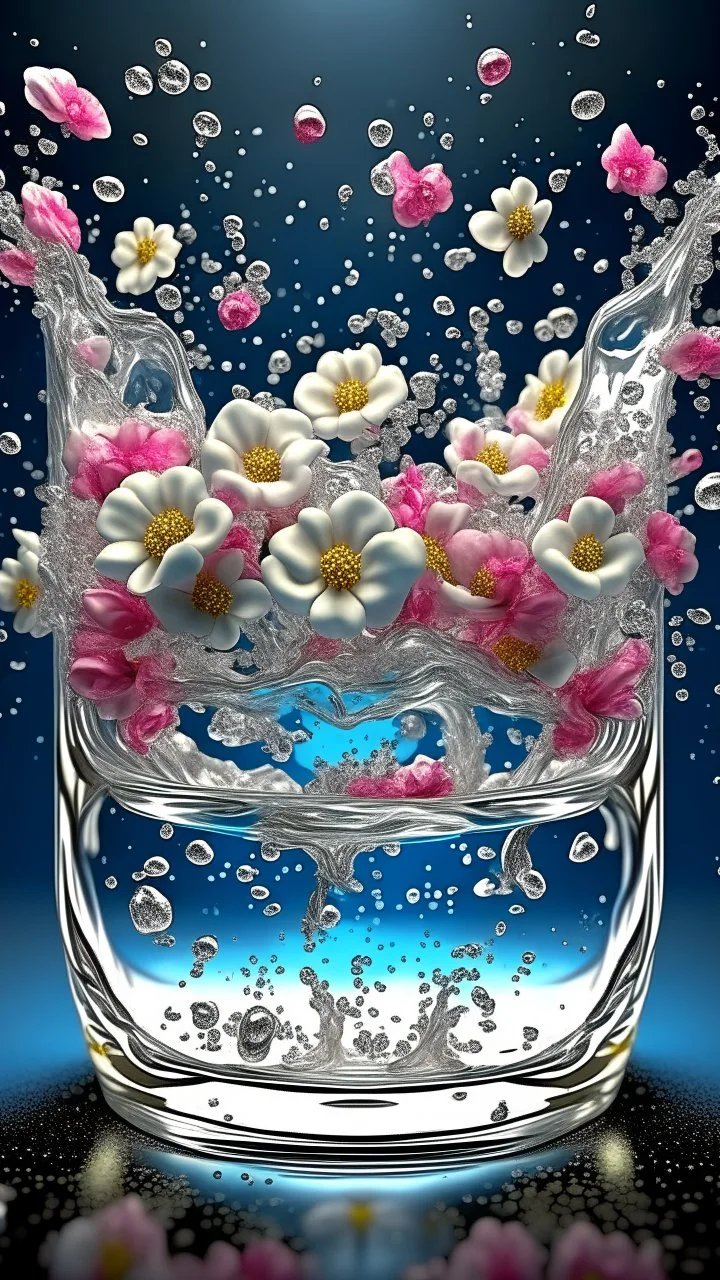 Purity transparency water splashing twisted with many little blooming flowers inside, surrealism