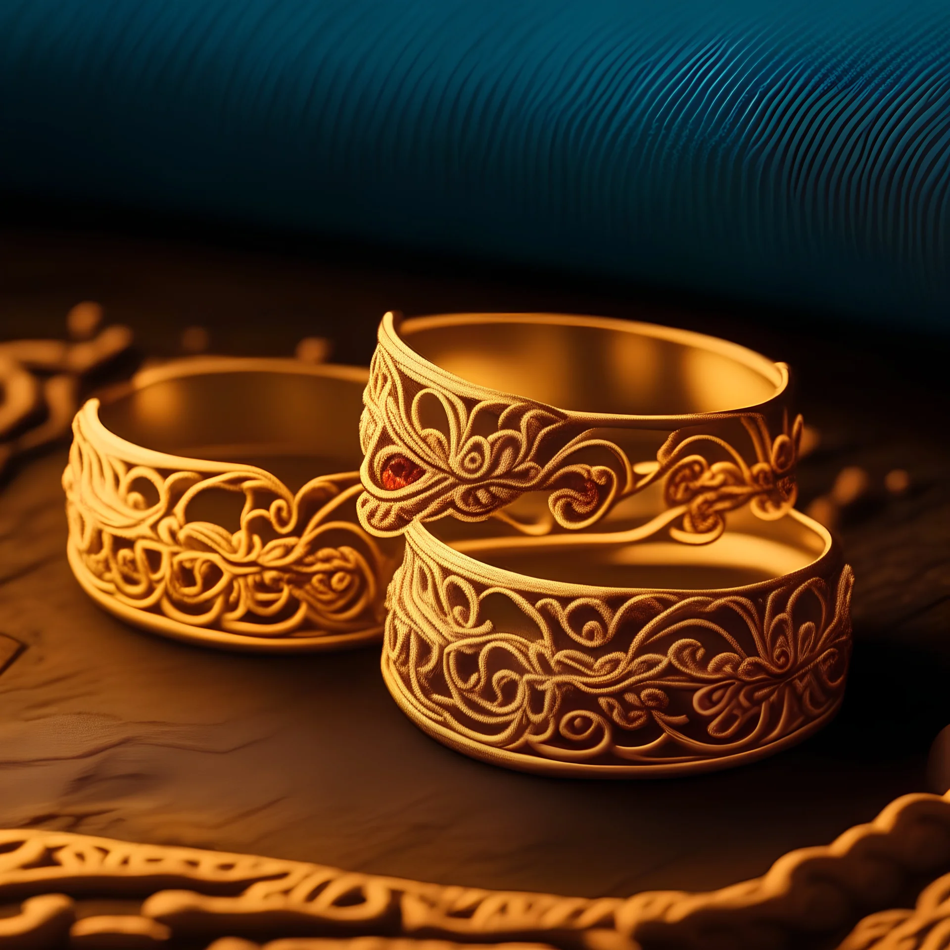 A set of elegant, gold-plated rings adorned with intricate gemstones, reflecting a soft, warm light