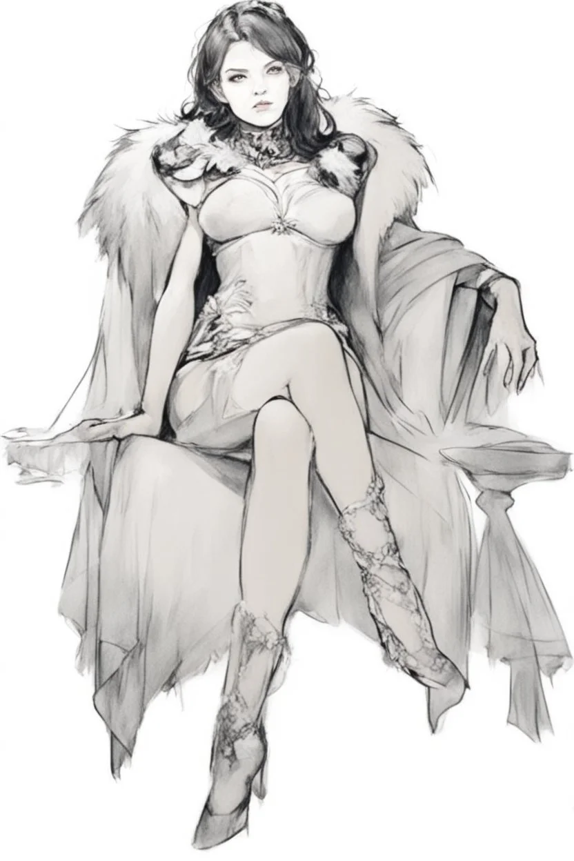 Beautiful white haired Vampire queen on her throne, drawing. Wearing a red cloak with a fur collar. Portrait, waist up