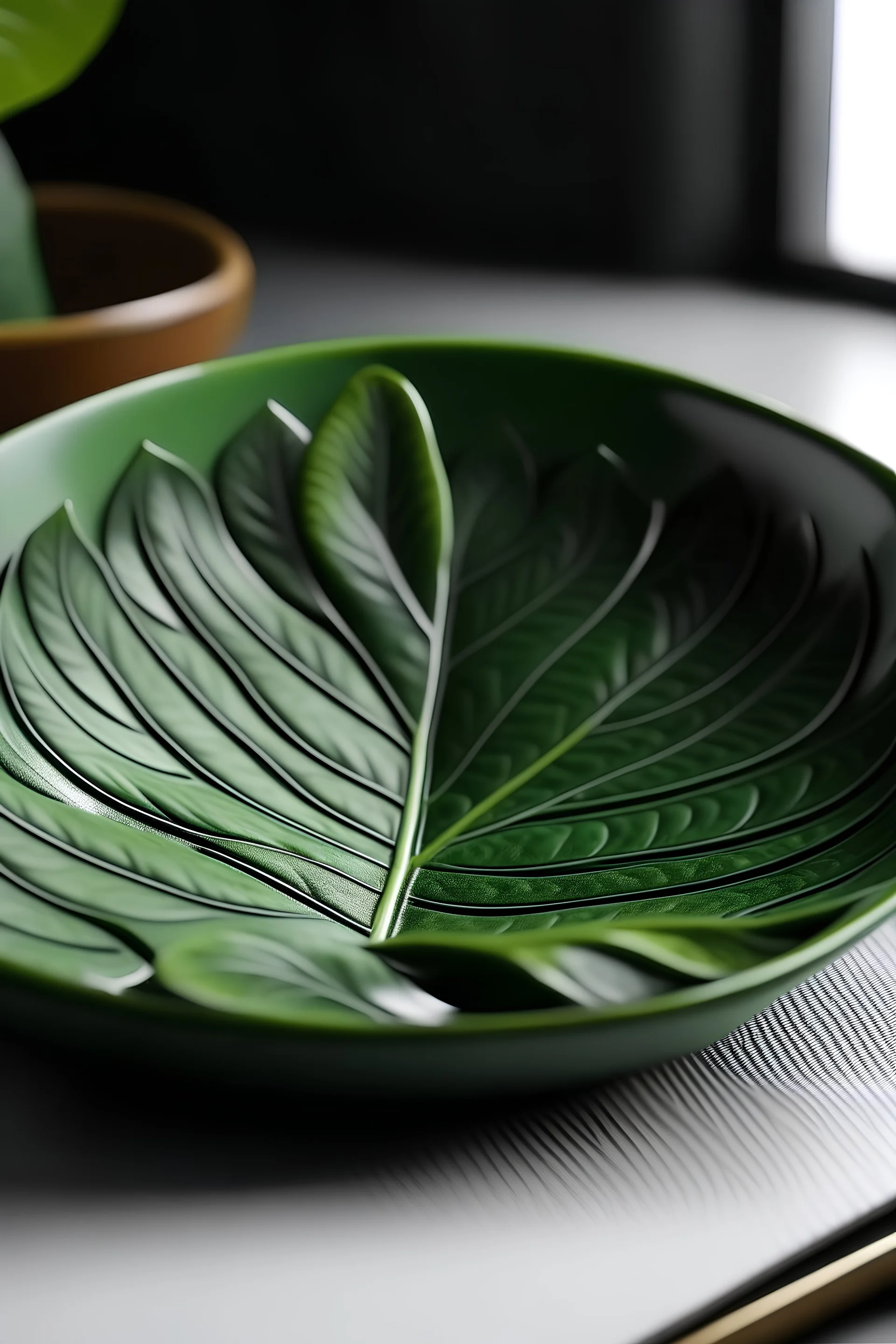 Green ceramic plate with leaf shape