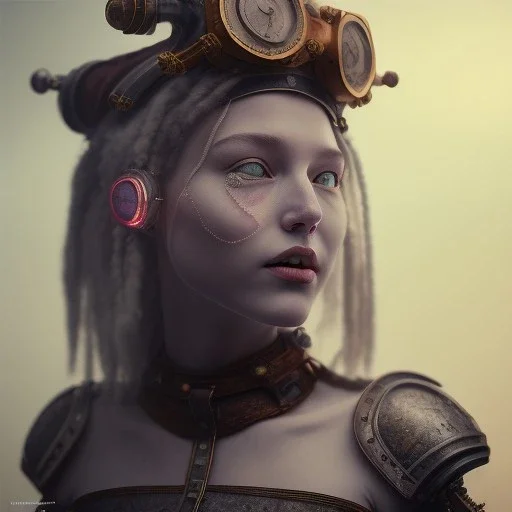 a cute smiling girl in medieval armor with a tattoo in her face, michelangelo style, steam punk, scary, horror, realistic, made in octane, cinematic, ultra-realistic, extremely detailed octane rendering, 8K, VRAY Super Real ar 2:3, dof photorealistic futuristic 50mm lens hard lighting dark gray tintype photograph, realistic lighting, sephia colors