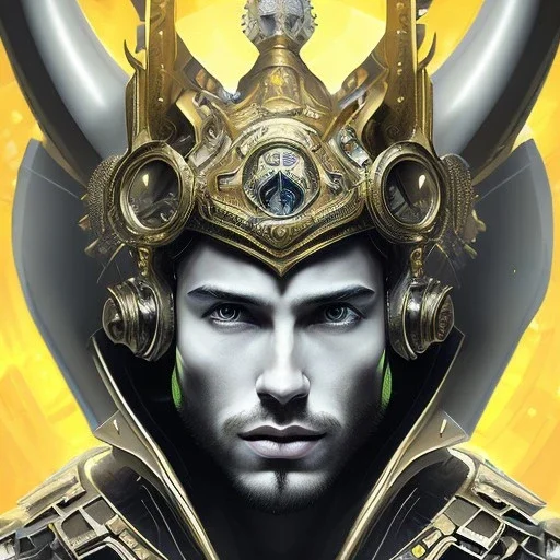 masterpiece - face - anime boy - black long hair - portrait- white iris - two white horns coming out from the forehead - sharp eyes - handsome