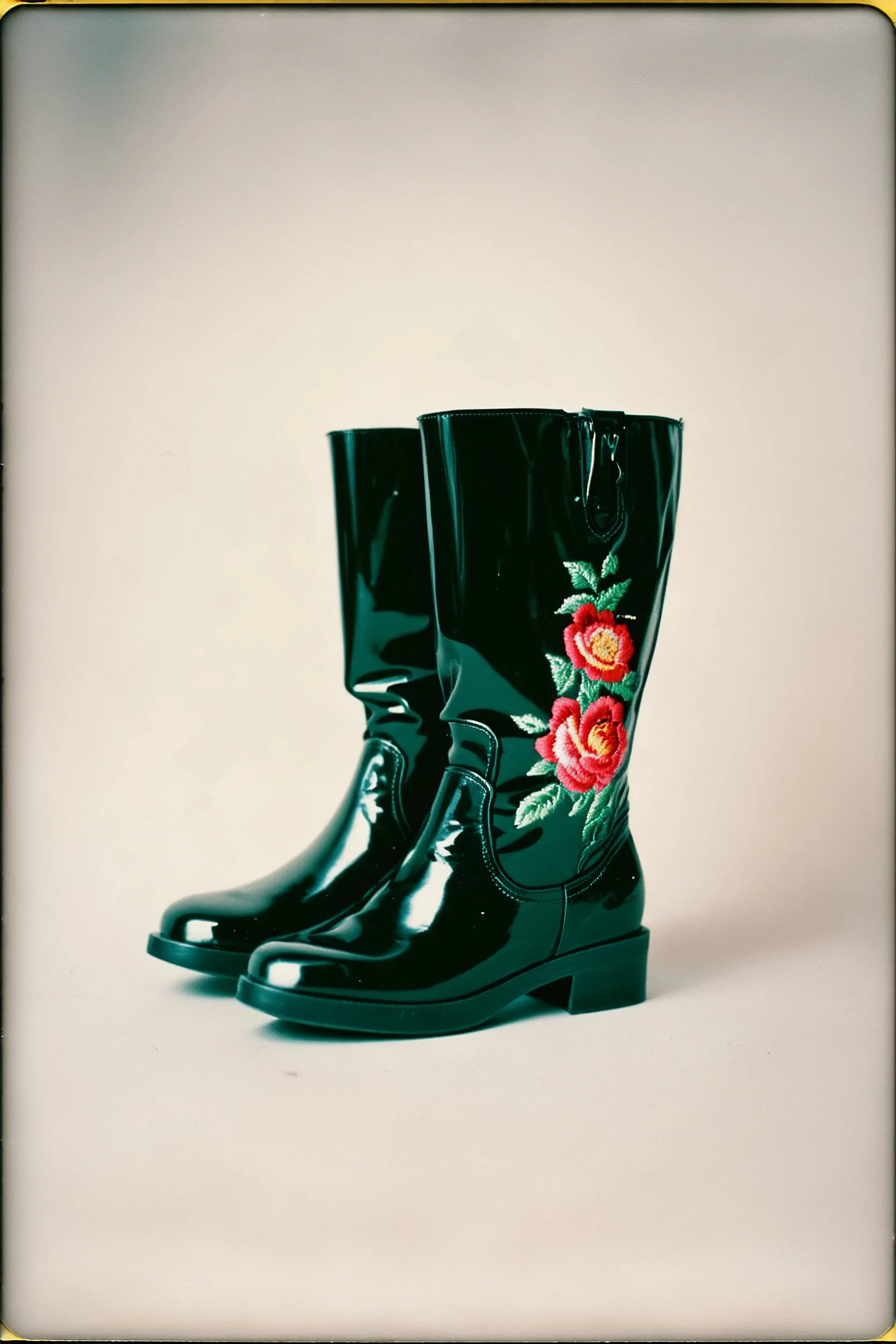 Embroidered Plastic boots, old polaroid