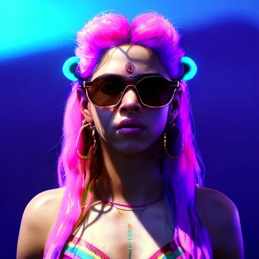 Shakira, artist, 30 years old, Realistic image, waist up portrait, etro style dress. Gucci sunglasses. Blonde, loose long hair, eyes make up, perfect, glow, circle iris. Neon colors, leds, geometric shapes. Dark background, neon lights. Cyberpunk, concept art, smooth, unreal engine 5, god lights, ray tracing, RTX, lumen lighting, ultra detail, volumetric lighting, 3d, finely drawn, high definition, 4k.