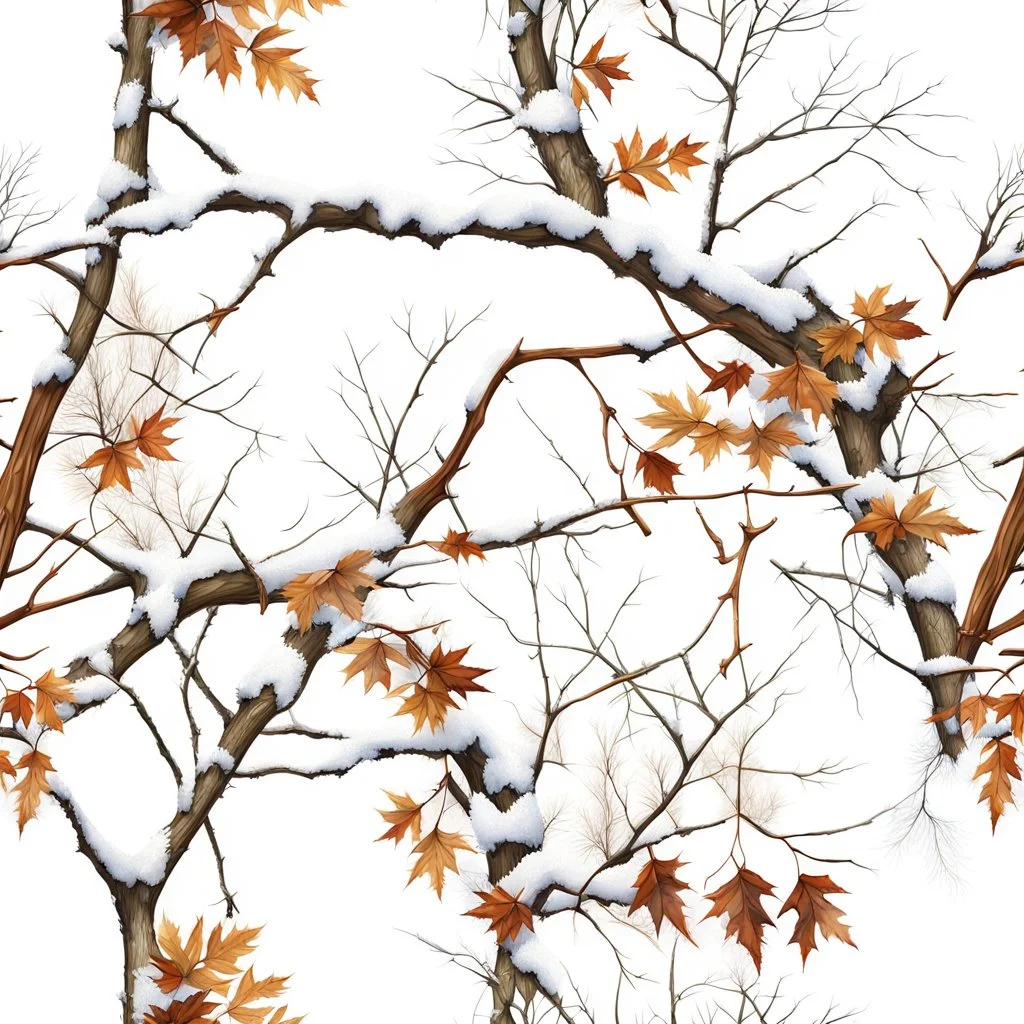 detailed Real Tree Camouflage made of sticks, twigs, tree bark, dried maple leaves, pine branches, snow and dirt, white background, seamless repeatable texture pattern imitating a natural forest background, add details