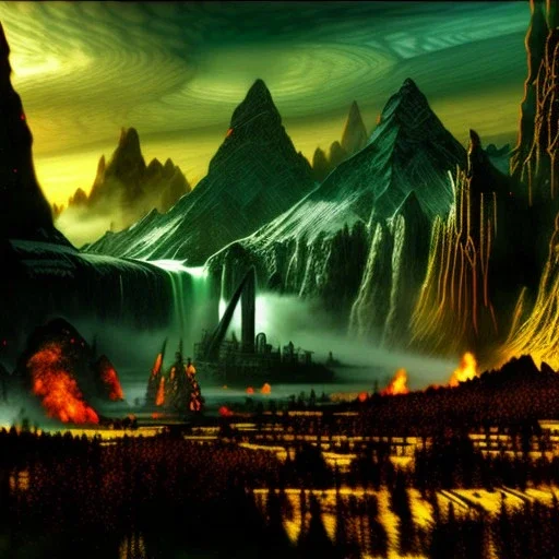 Epic Drawing of mordor scenery with Orcs of The Hobbit estilo Van Gogh 4k