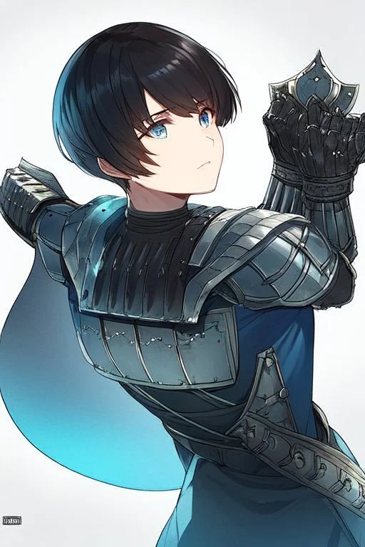 Motoko Kusanagi from "Ghost In The Shell (1995)", clad in medieval stell plate armour, melancholic, alone, big blue eyes, perfect, beautiful, black hair, correct proportions, androgynous