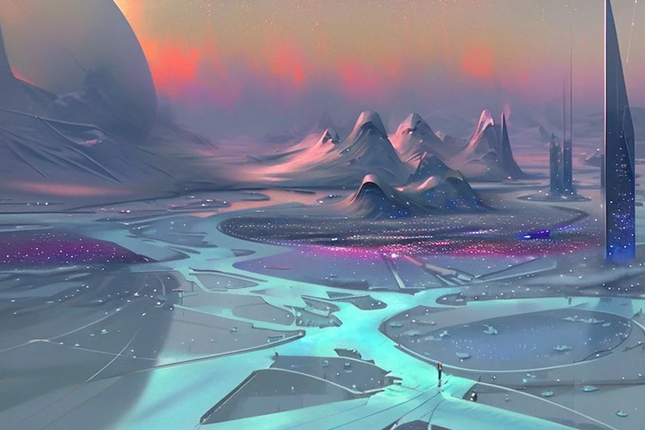 Science fiction city near frozen lake, impressionism painting