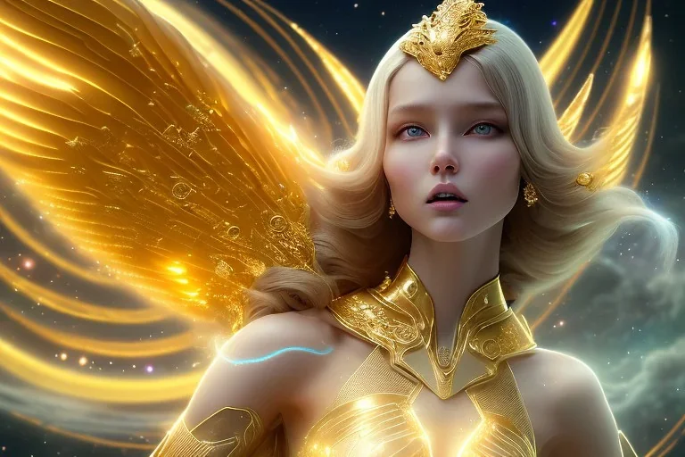  beautiful cosmic woman, long hair, golden skin, nice smiling, magic glamour make up, delicate colors, beautiful glamour galactique dress, ultra sharp focus, 8k, unreal engine 5, extremely sharp detail, light effect, soft light atmosphere of a spaceship, smooth, full of details, face in front, complete vision of face and hair and body