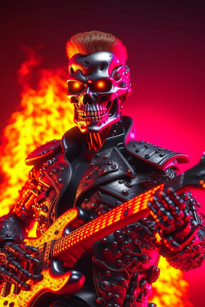 4k realistic terminator surrounded by flames with a red punk crest playing bass.