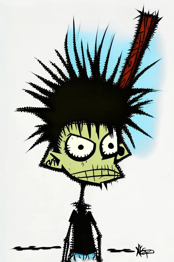 2d drawing of a stickman, cool with punk hair, x eyes like in hangman, sunbading in the sun,3d realistic in colour