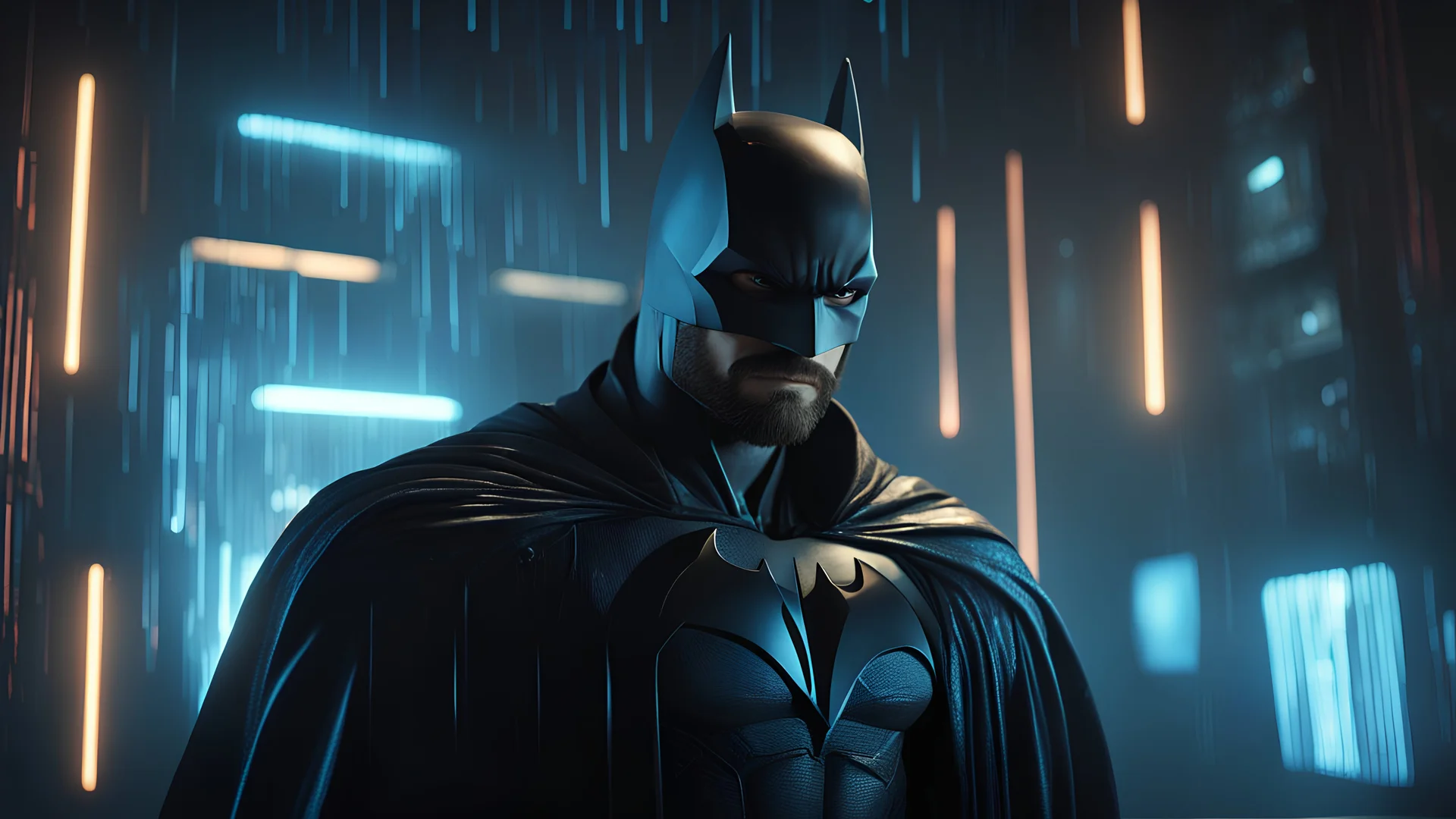 "In a dimly lit YouTuber's room, a mysterious figure stands, their face obscured by the iconic pointed beard of Batman. The room is adorned with modern holographic lights, casting an otherworldly glow. Subtle elements reminiscent of 'The Matrix' permeate the scene, with digital rain and code streams adding a cyberpunk vibe." 4K Resolution and Hyper realistic
