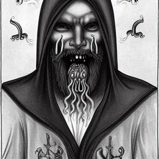 Vampire with yellow eyes and two eyes on forehead tentacle beard grey skin and vampire fangs and vampire bat nose and bat ears as a Russian Orthodox