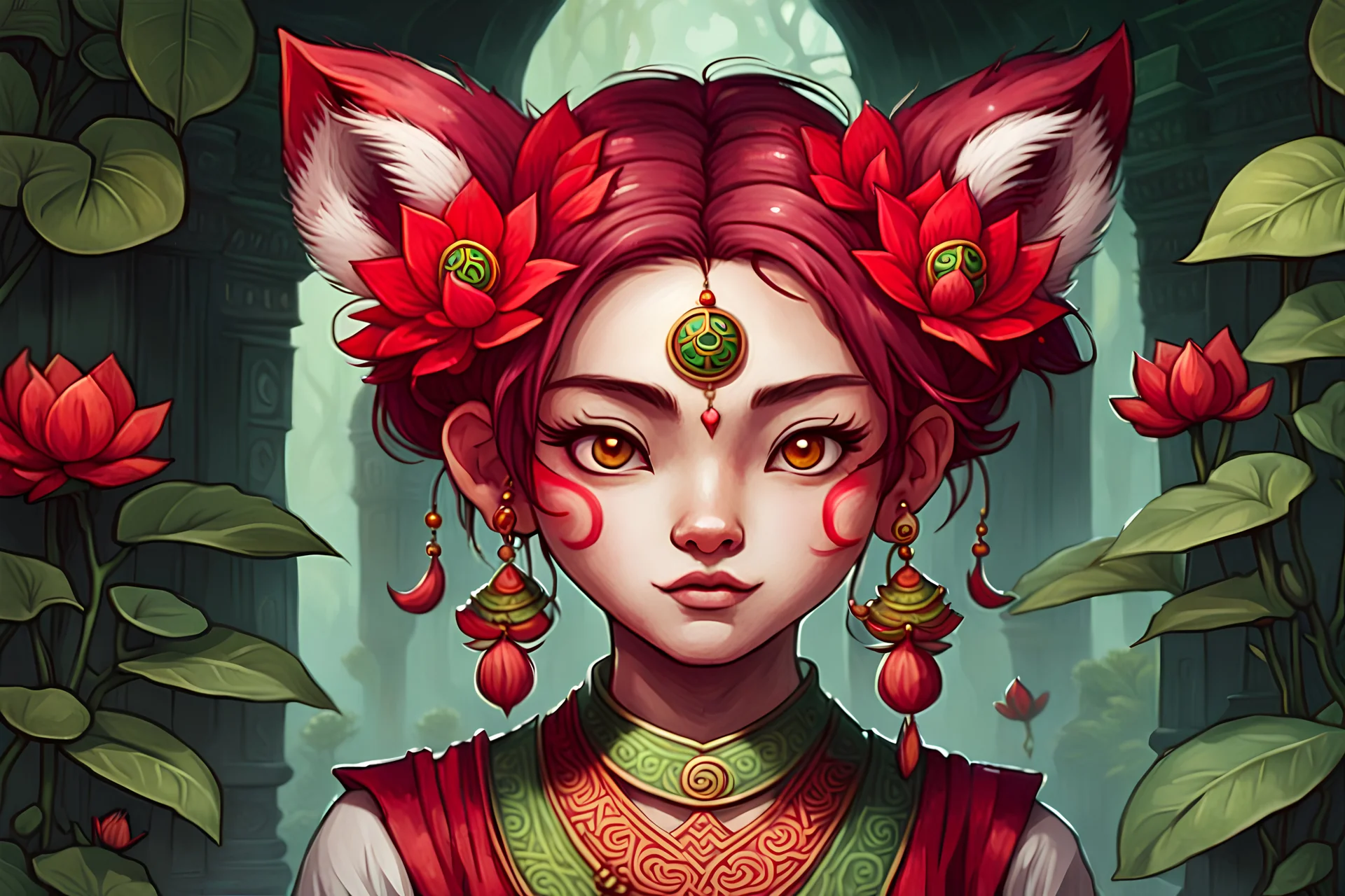 It's a girl in her 20s. She is one of the guards of the sacred temple. She has ears and tail like a red panda. Where the eyes are, there are red colored flowers drawn there. Her eyes are green. Her hair color is dark red. The girl has green lotus earrings hanging from her ears. There are also arnamentations of autumn red leaves on her skin. The clothes are black in color. There is a tiger painted on the clothes. The girl's hair is fluffy and long.