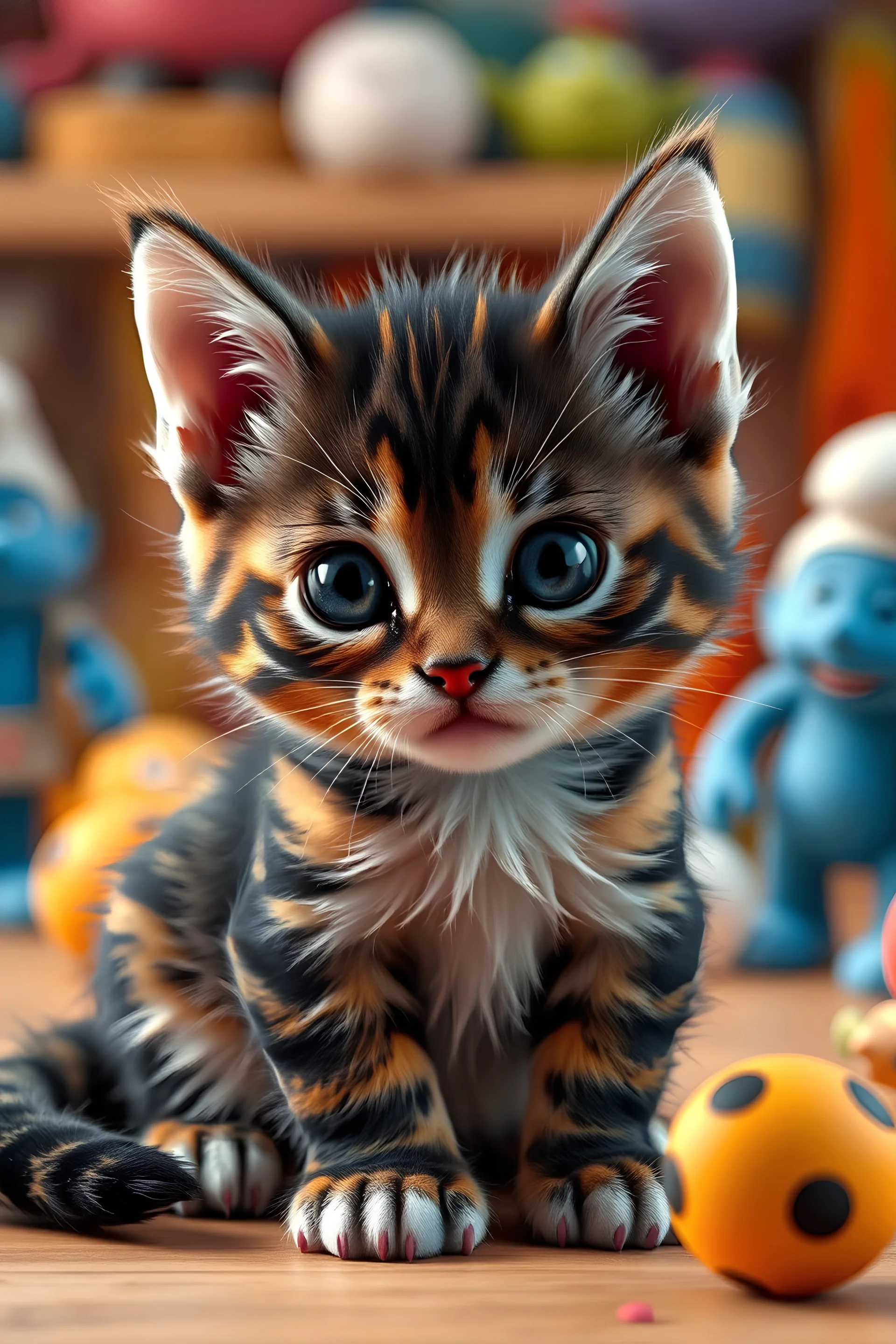 4K photograph featuring a lovable, blotched black and orange tabby female kitten. The kitten, adorned with soft fur and expressive features, is masterfully rendered in a lifelike 3D inspired by smurfs, which captivates viewers with its irresistible charm. The background is filled with warm, inviting colors and toys and a 3D render, creating a cinematic smurfs atmosphere that further accentuates the kitten's enchanting appeal