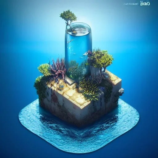 The Isometric Glass Tall Box Mini Model Little Real Island Mixed Water Fall Under Ocean Sunshine Summer Background Blue Sea, The Last Of Us / Avatar, Octane Render / ZBrush, Cinematic, IMAX Film, Nikon D750, 16K, Autostereoscopy, Anthropomorphic, Golden Ratio, Geometry, Symmetric, Depth Of Field, Highly Detailed, Ultra Realistic, Beautiful Lighting, Halfrear Lighting, Soft Light, Candoluminescence, Cast Shadow, Reflective, Glow, Translucent, Normal Map, Carbonated --testp