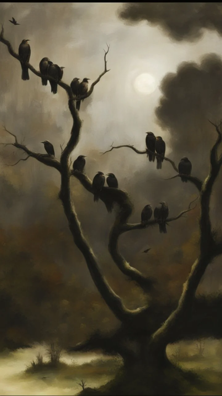 trees and crows with human faces