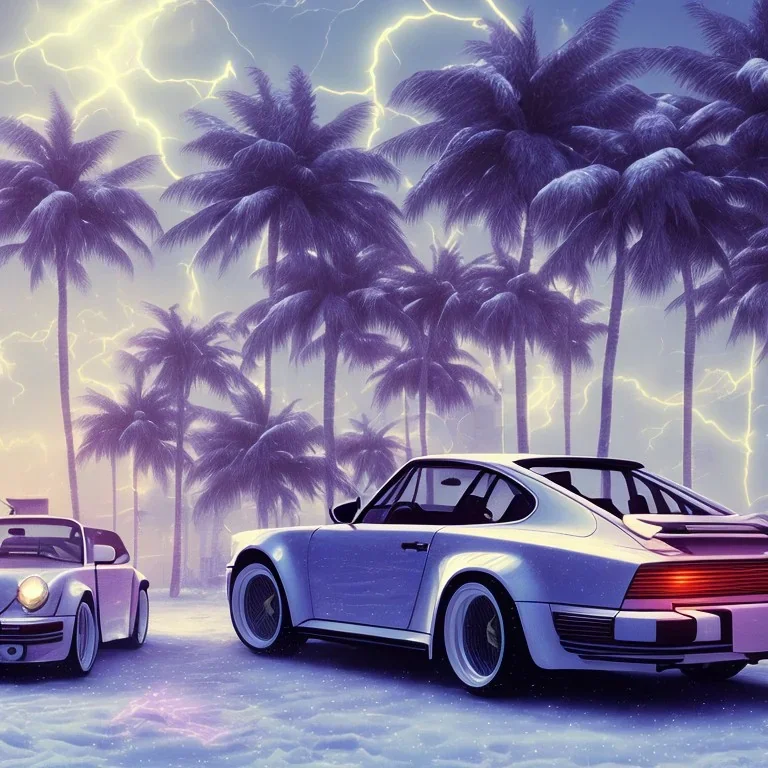 1980's aesthetic vaporwave palm trees with porsche in the winter snow with lightning