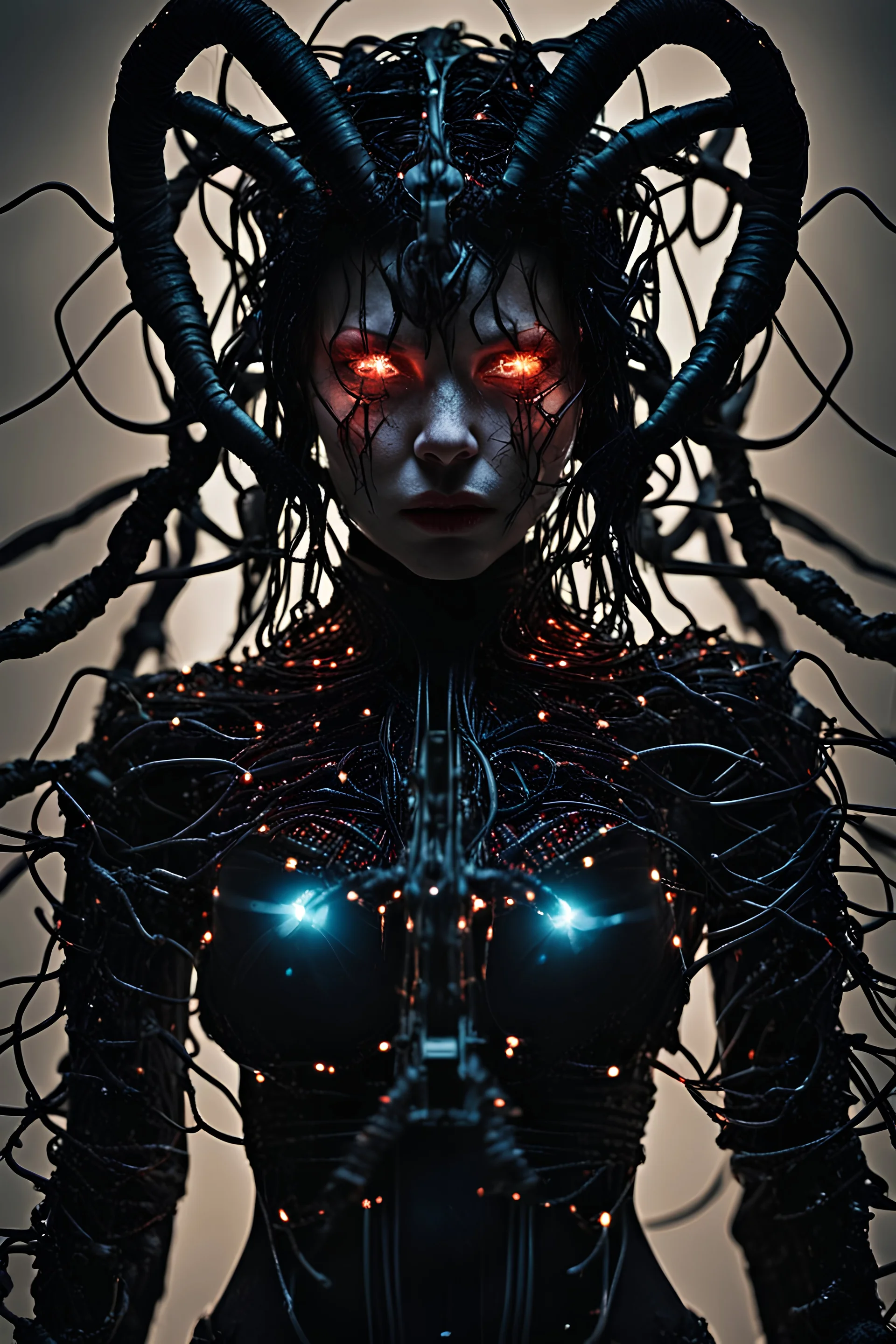 Demon girl, fullbody, creepy, horrifying, sinister, many wires connected to the head lumen lighting, led lights, sparks around her, sparks cybernetic,high lighting, intricate, 8k, macro photography,