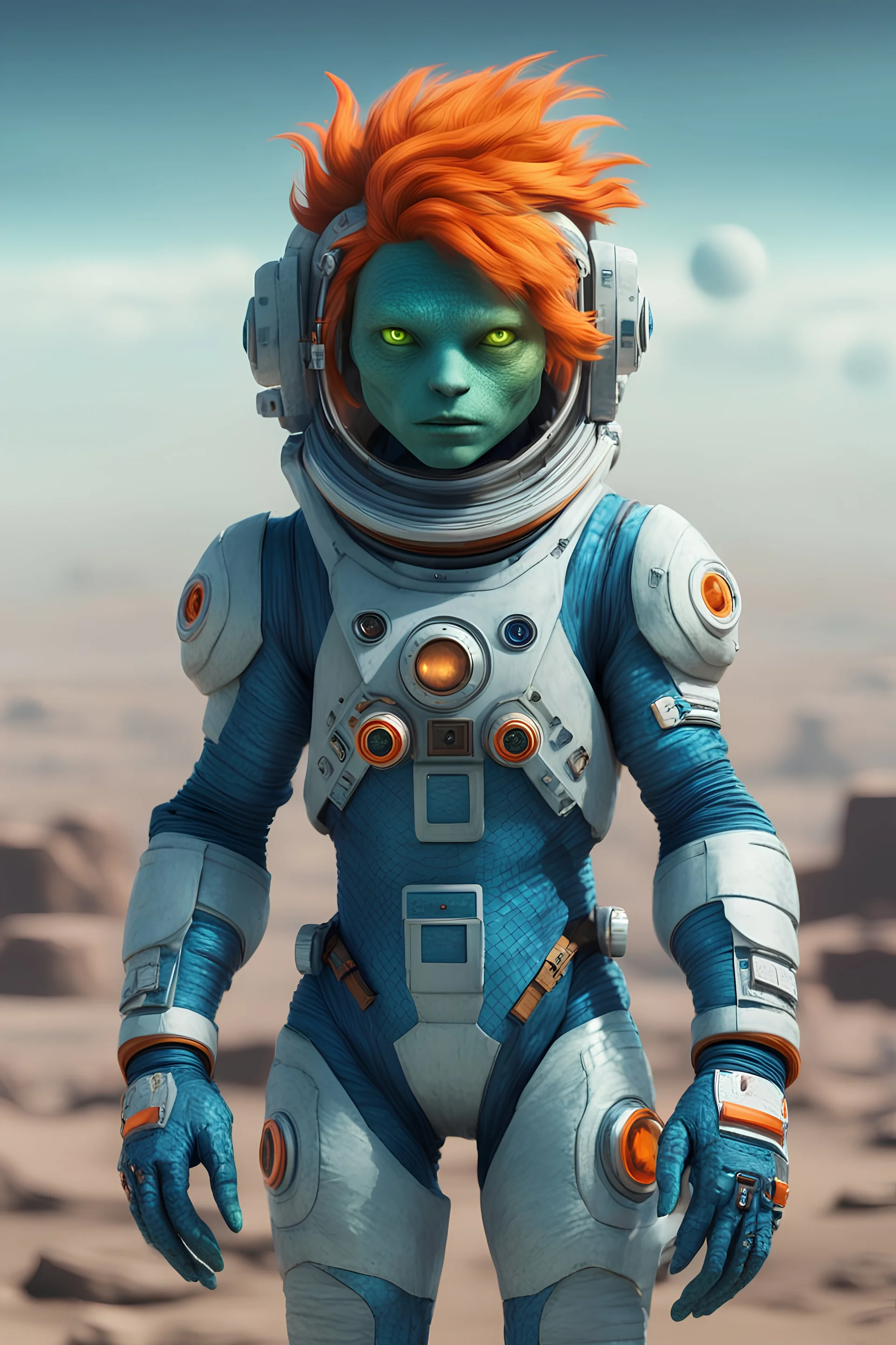 Astronauta reptil color azul, de ojos verdes saltones, cabello anaranjado y con accesorios tecnológicos. Plano cuerpo entero. Universo de fondo.