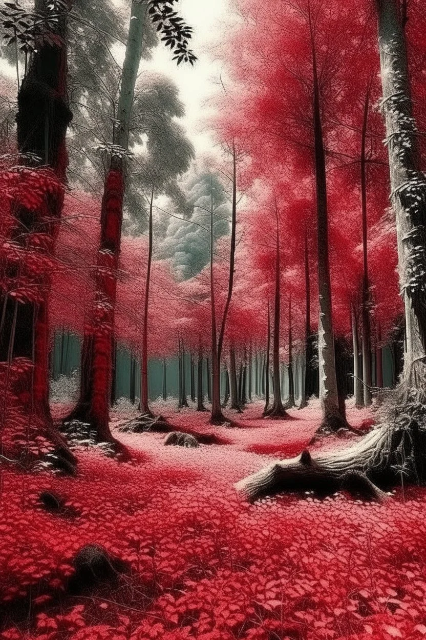 magical too much trees in big forest dark red and white fairy magic