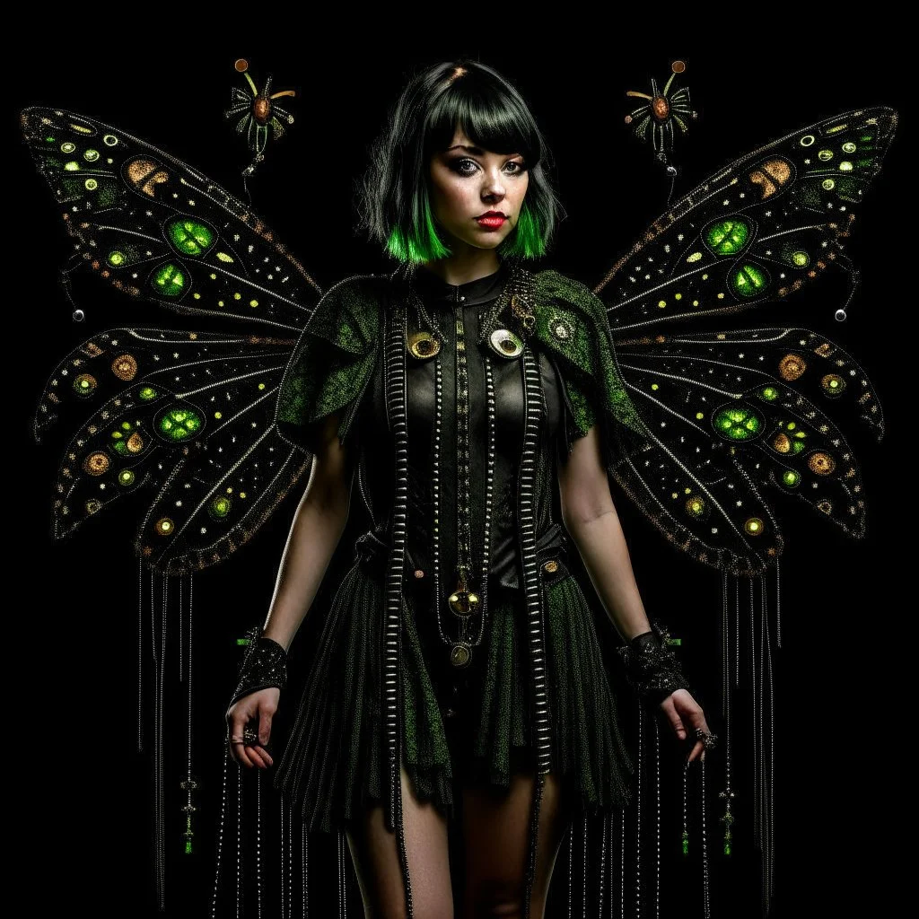 Full body, gothic woman with a bob with a fringe hairstyle, steampunk metal moth wings, green markings, black background