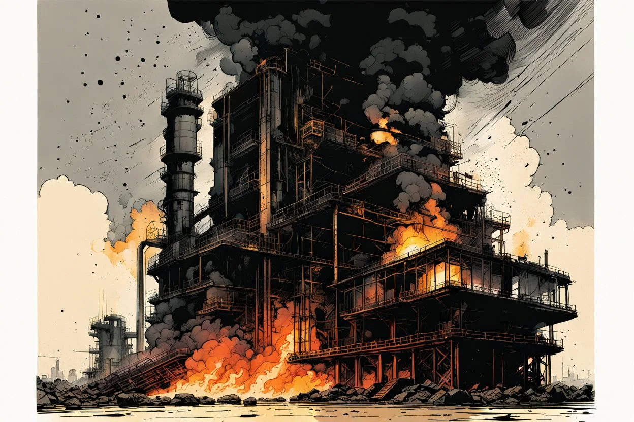 an abstract illustration of a raging blast furnace , finely drawn and inked, 4k, hyper detailed and vibrantly colored in the comic art style of Bill Sienkiewicz , Frank Miller, and Yoji Shinkawa