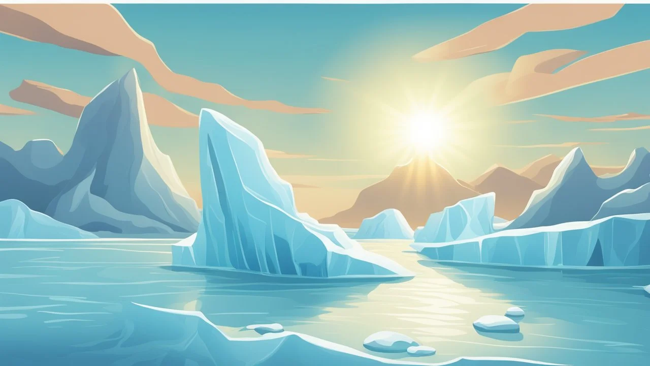 cartoon illustration: nature with icebergs and frozen sea, sun in the sky