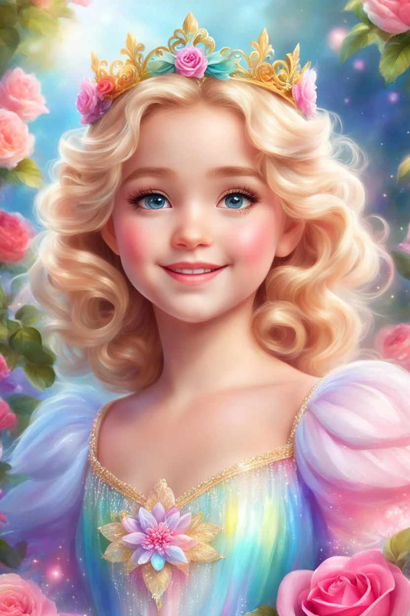 Adorable digital painting of a beautiful little girl in a gorgeous rainbow princess dress, portrait of Elsa, sparkling crown, front view, beautiful smile, shiny golden curly hair, angel eyes, beautiful face, rosy cheeks, pink lips, Elsa face, digital art, surrounded by paradise garden and roses in the background, romantic style, pastel world, high quality, 4k