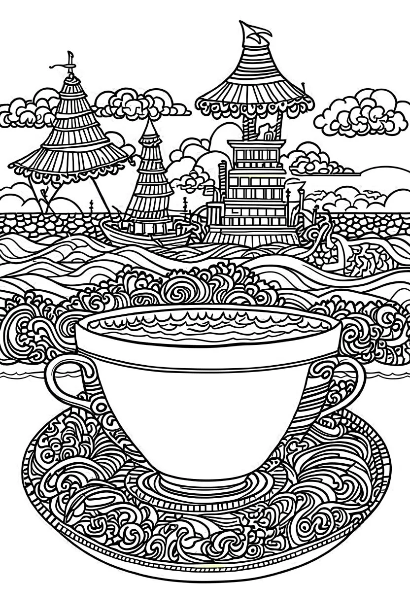 Outline art for coloring page, AVANT-GARDE TEACUP SET AT THE BEACH, coloring page, white background, Sketch style, only use outline, clean line art, white background, no shadows, no shading, no color, clear