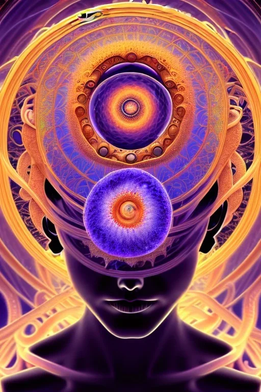 Spiritual being with Tentacles over human Head creating reality around, wrapping Spiral around Human, Psychedelic