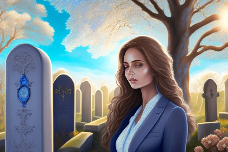 A beautiful light brown-haired, light-skinned woman in an elegant blue suit, graveyard and clocks highly detailed digital painting elegant very attractive beautiful award winning fantastic view crisp quality very cute acrylic art in the sunlight