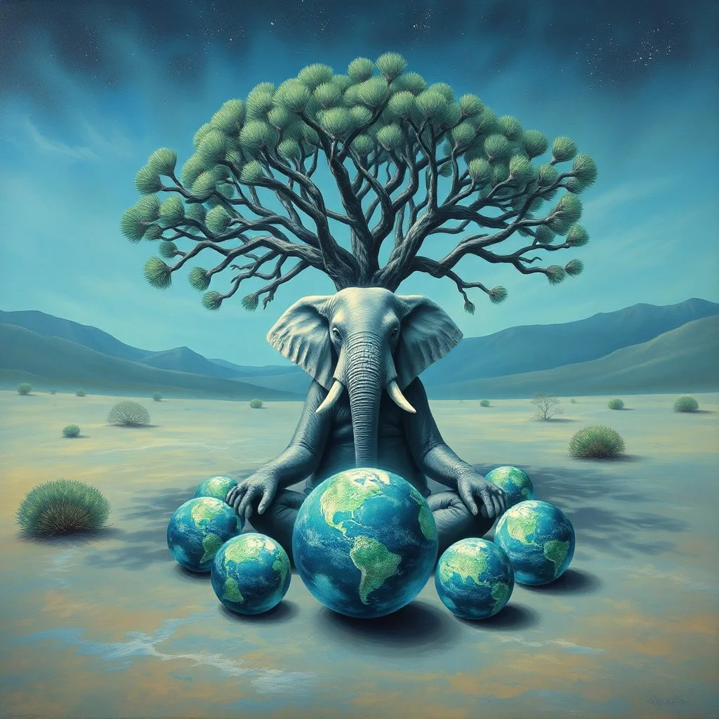 elephant in the lotus position under a yew tree in the desert, ethereal blue green earth globes circle the elephant, fantastical, mystical, oil painting, arcane, symbolic