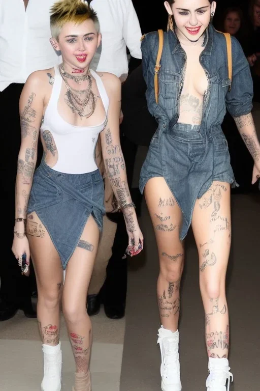 neck tattoo, nude, long avantgarde hair, tit - free denim dress, 16 y.o. Miley Cyrus walkinh with nude Emma Watson , tattoos, open white jacket, medium long eighties hair