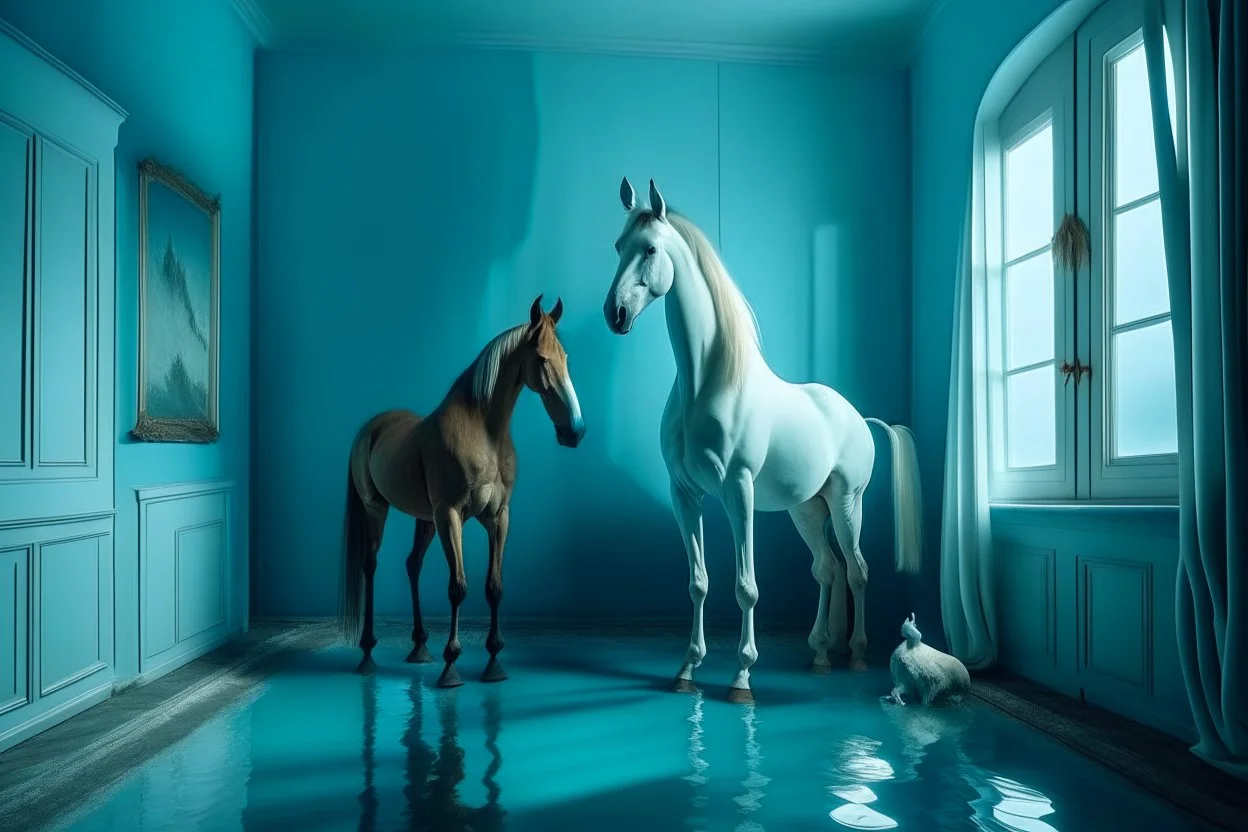 Imagen surrealista, un caballo y conejo con cuerpos humanos, en una habitación llena de agua hasta el cuello de ambos. Color de la habitación azul claro, azul celeste. Fotografía realizada con una cámara Leica y objetivo de 35 mm. Estilo onírico, manifiesto surrealista, estilo Tommy Ingberg