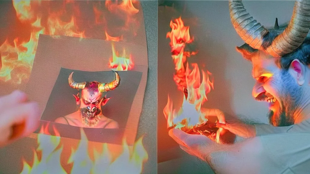 delivery driver with devil horns burns old photos in summoning ritual fire