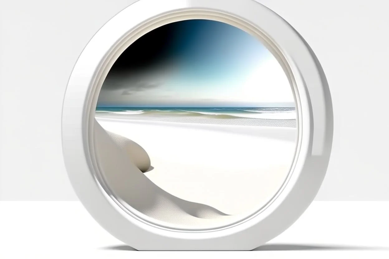 white,background,looking,through,a 3-d, hole,or,window,,a,seeing,paraddise,beach ,skulpture,like