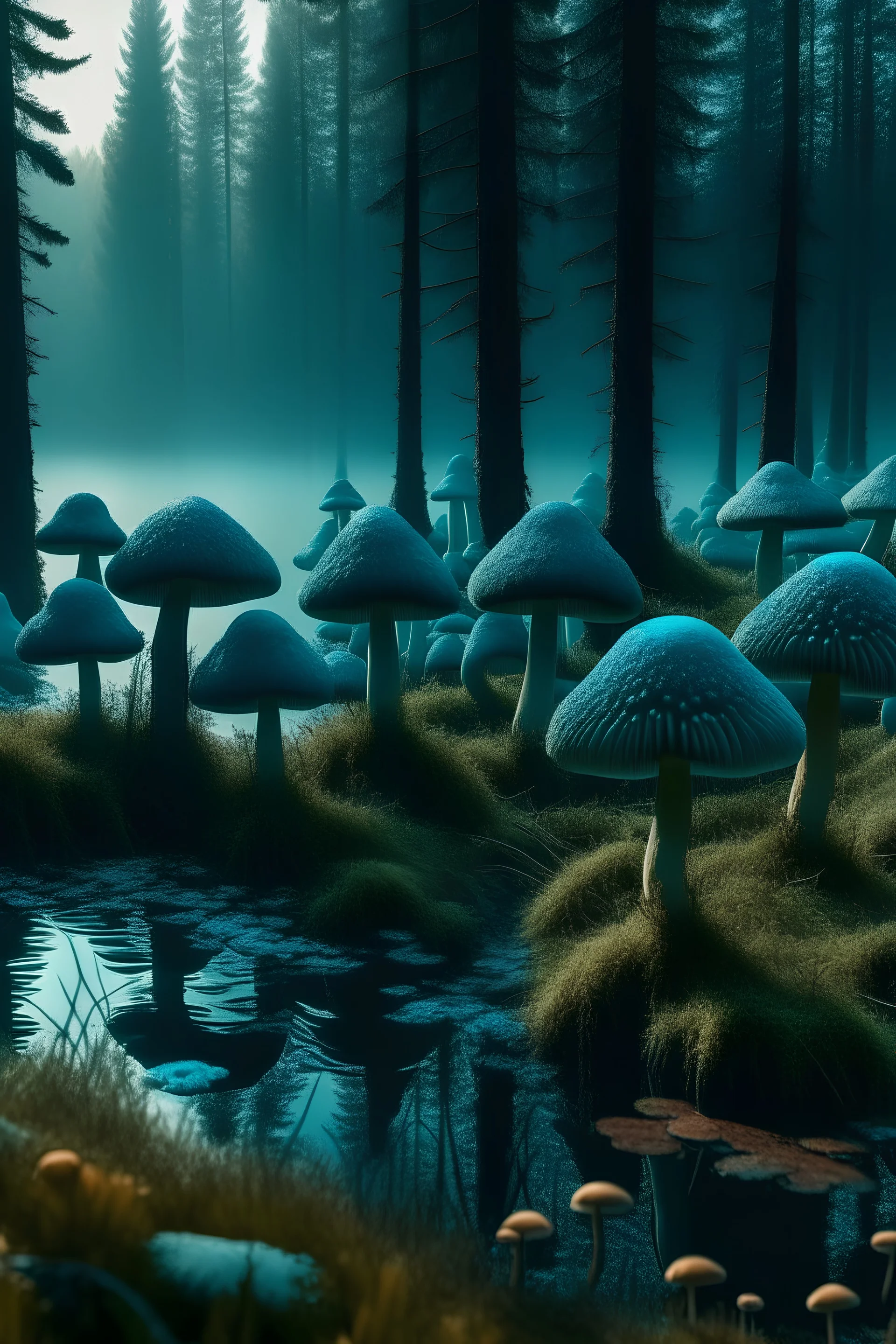 forest of teal mushrooms at dawn by a lake