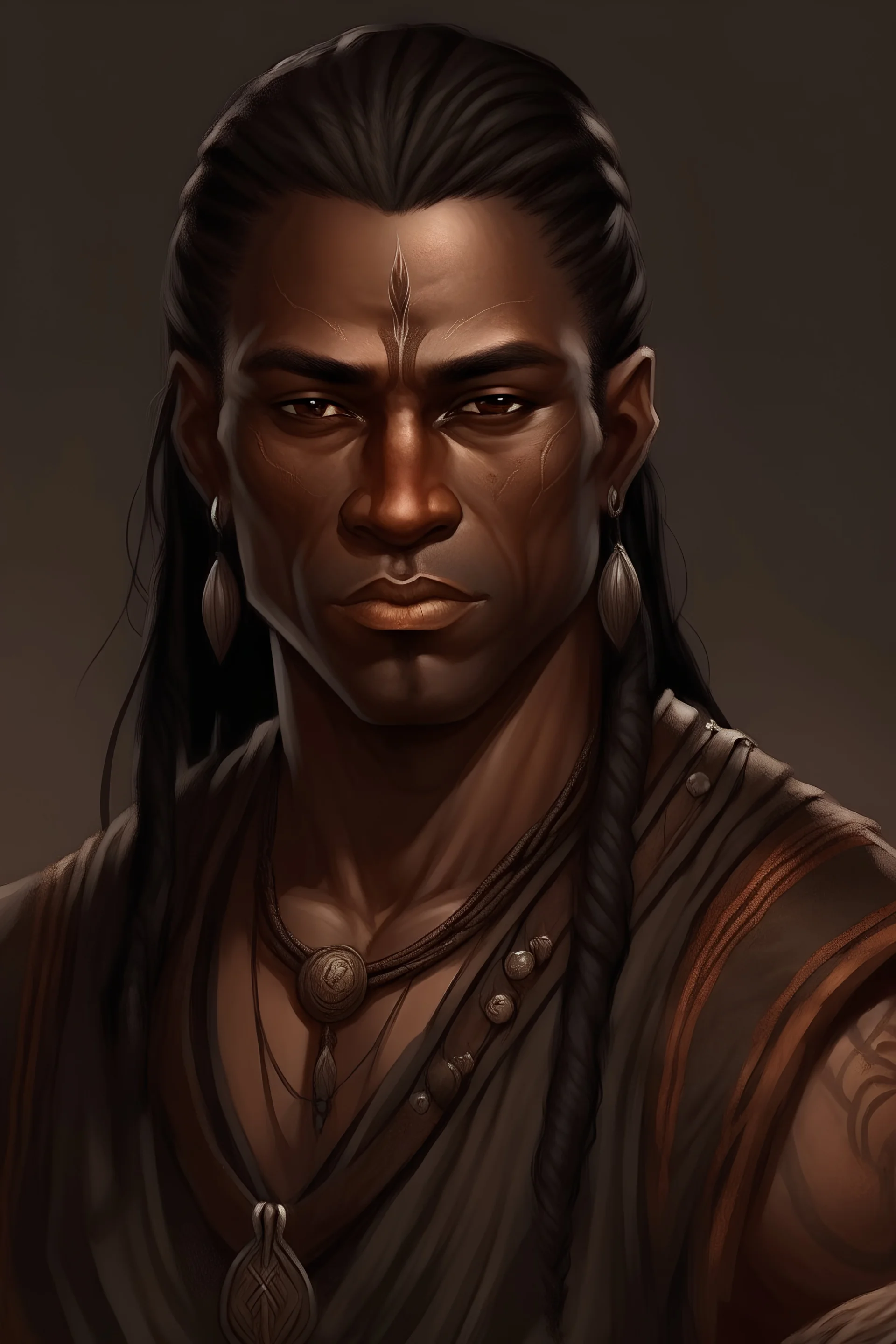 a man in his fourties, brown skin, slanted eyes, strong round face, scarred cheek, long braided black hair, dark brown vest, realistic epic fantasy style