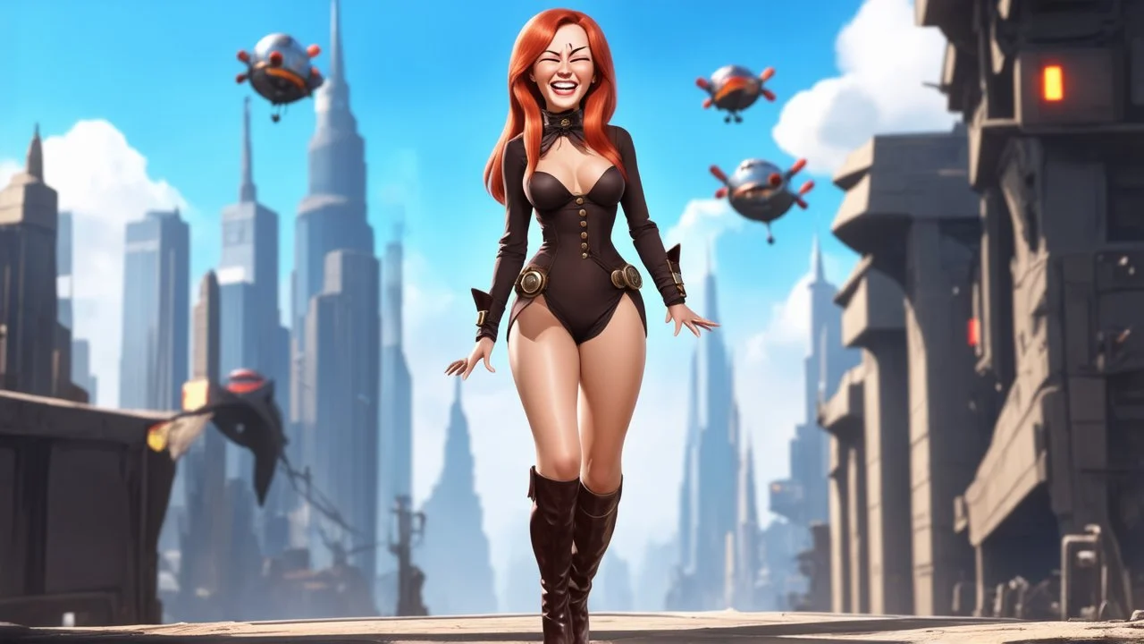 A photorealistic image of a red-haired, slender, witchy woman, winking and smiling, in a one-piece steampunk outfit and stiletto boots, walking through a futuristic city with flying machines.