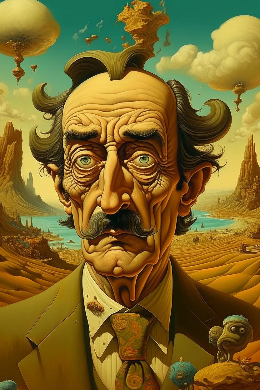 The painting of Salvador Dali in the style of grotesque caricatures, hyperrealistic landscapes, #pixelart, richly detailed genre paintings, time-lapse photography, haunting structures, zombiecore , in the style of quirky figurative ian spriggs paul barson comical figurative jim lively.