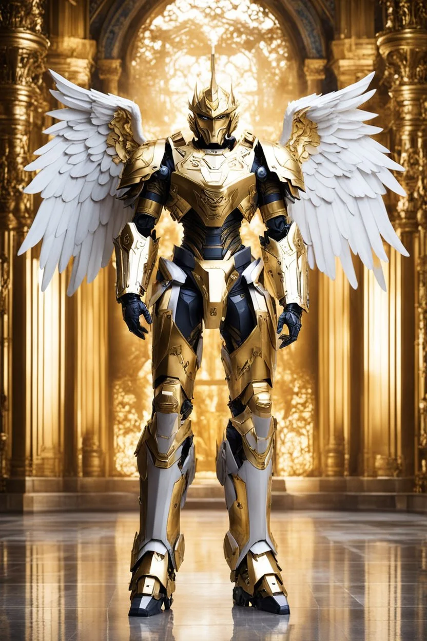 Full body Excellent pose style Facing front Photography man as Angel king Cyborg dressing armor Mecha Robo Golden and palace background