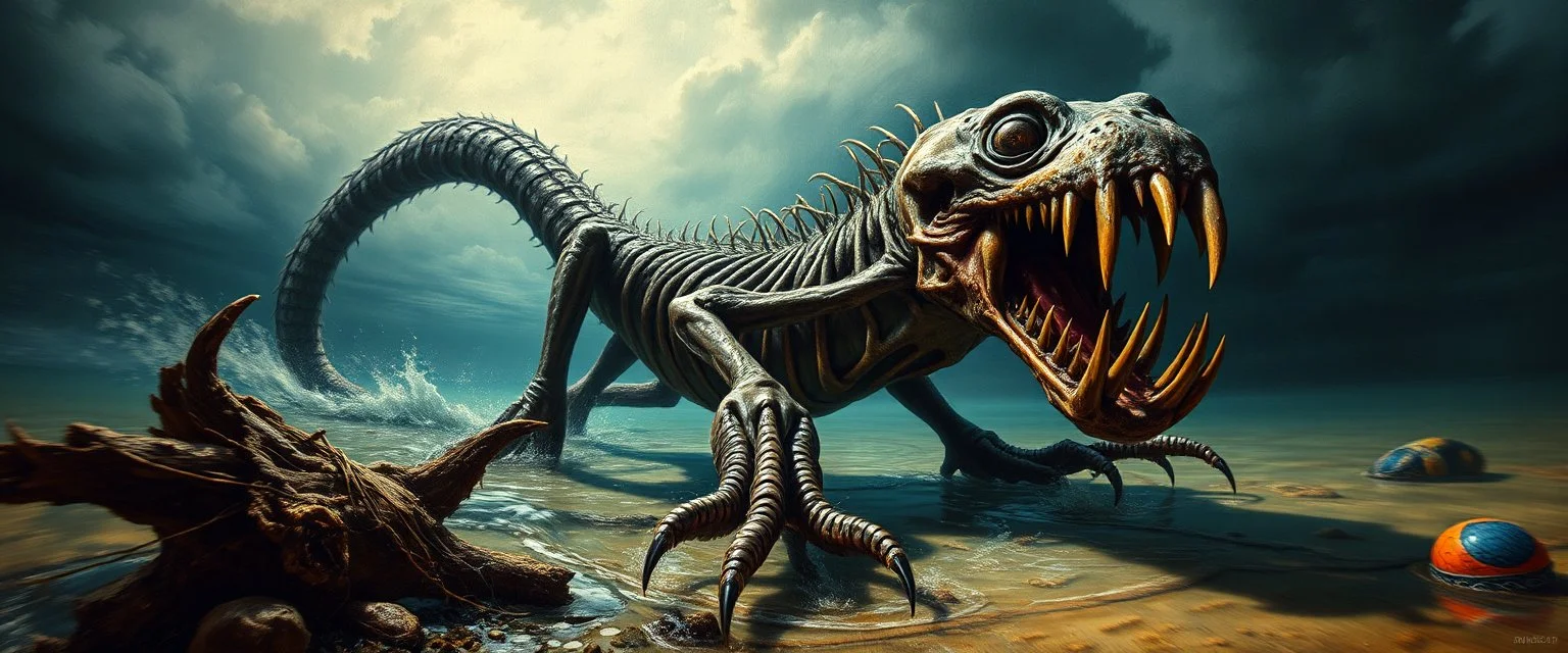 master oil painting by Rembrandt, good afternoon Shallowscourge "A twisted, amphibious predator stalking shallow waters, limbs oddly jointed, gnarled claws scraping logs and mud, a hunched, skeletal frame, teeth protruding through decayed lips, eyes glimmering with malicious intelligence, terrorizing all near the shore." pin hole cam picture, twisted perspective, goa trance music poster, awake within a psychedelic mushroom dream, with some motion blur background, and hyper depth perception