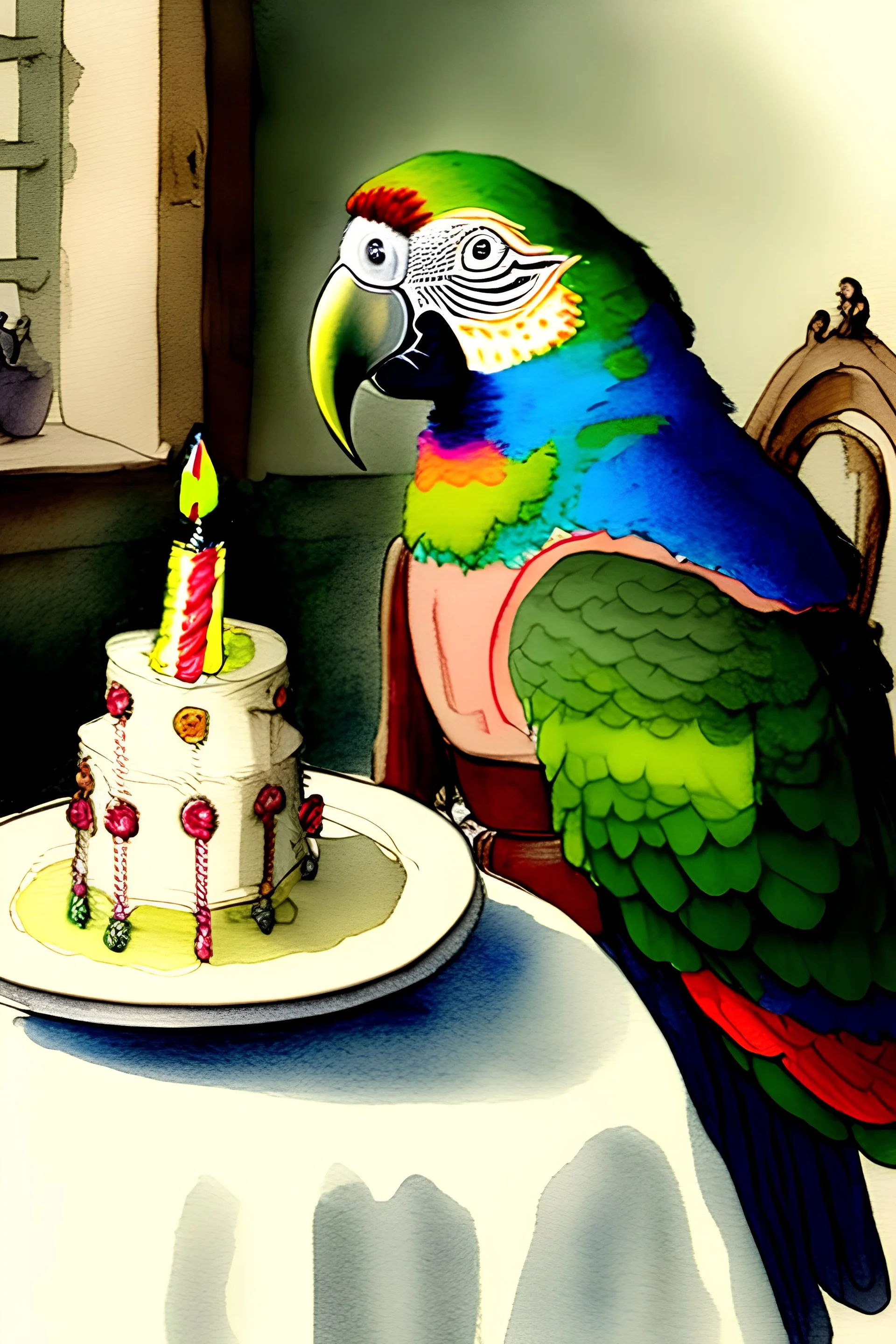 Parrot wearing jarmulke is sitting at a table with a birthday cake. Watercolour