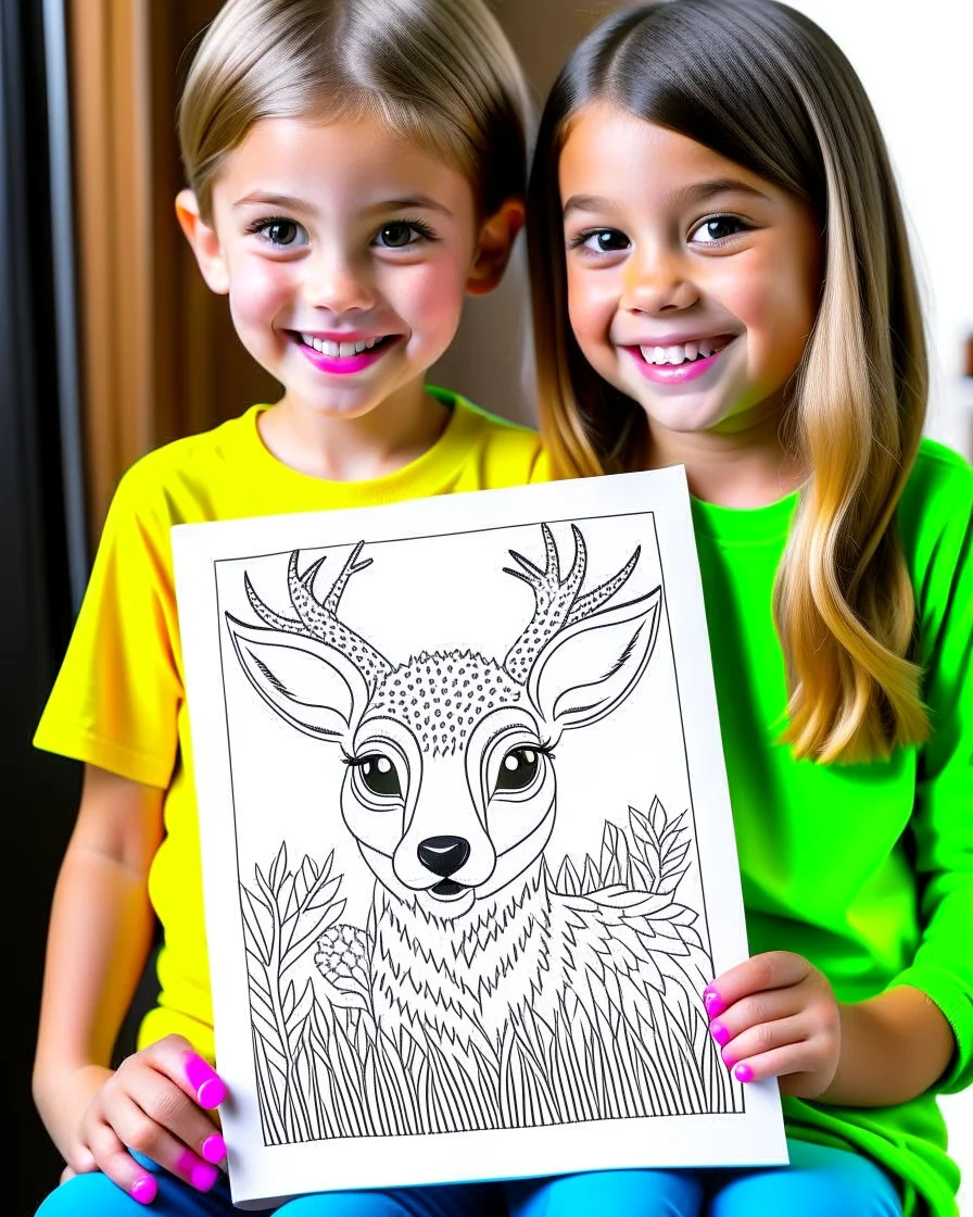 Check out a picture of two kids(4 years) showcasing their finished deer coloring page in a frame or as a gift for someone special. (style carton)