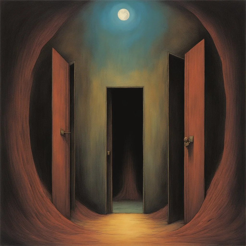 secret doorway, nightbreed cabal, abstract nightmare art, by Colin McCahon and Pawel Kuczynski and Beksinski, mind-bending color ink illustration; album cover art, dynamic composition, sinister oddball masterpiece, dynamic composition, complex contrast